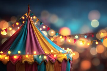 Poster - Colorful carnival tent at night with string lights and bokeh background festive atmosphere magical event