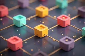 Aufkleber - Colorful Cubes Connected by Golden Lines Representing a Network on a Dark Background Close Up Abstract Concept