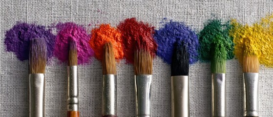 Poster - Row of Paintbrushes with Colorful Paint on Canvas Close Up Art Supplies Still Life Studio Shot Color Wheel