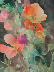 Poster - Watercolor painting of California poppies and other wildflowers in bloom, soft focus, artistic rendering, studio shot