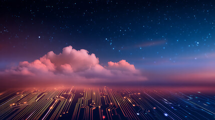 Aufkleber - Digital cloud formation with circuit patterns in a starry night sky background. Ai generative. 44970137 2