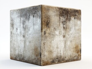 Poster - Concrete Cube Texture Close Up on White Background Minimalist Style Showing Weathering and Stains for Abstract Design