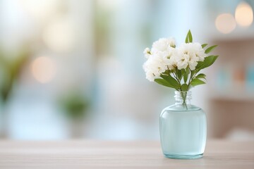 Poster - clean image spotlighting serene beauty salon with minimalistic decor and blurred people in background