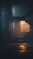 Poster - Staircase in Industrial Building Interior at Night Low Angle View with Window Light and Fog