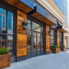 Poster - Exterior of modern restaurant entrance with wood paneling and lantern lighting daytime view