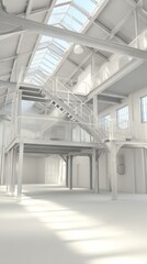 Poster - Bright spacious interior of a modern building with metal stairs and skylights, clean architectural design, indoor shot