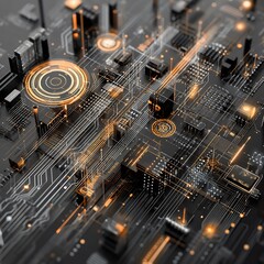 Poster - Intricate circuit board architecture with glowing nodes and connection pathways