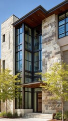 Poster - Modern Home Exterior Facade with Stone and Glass Windows in Daytime Architectural Photography