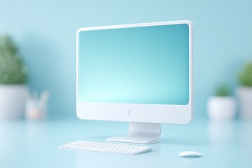 Poster - minimalist workspace features sleek computer setup complete with drawing tablet and clean modern des
