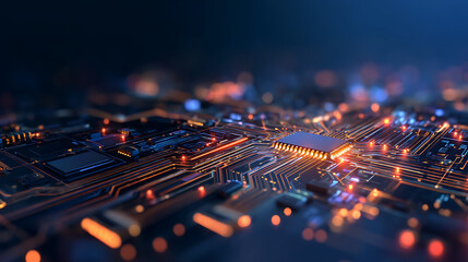 Fototapete - Futuristic Circuit Board Design with Neon Lights on Dark Background. 70555993 1