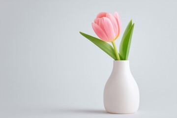 Poster - minimalistic photo of single tulip in vase on white background