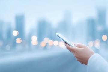 Poster - person in foreground uses modern electronics blurred urban scene in background enhances focus