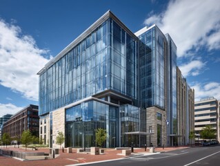 Poster - Modern office building exterior looking up at glass facade and stone accents in Washington DC under a blue sky