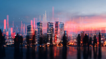Fototapete - Silhouetted figures against a digital cityscape background with vibrant data visuals. 15938889 4