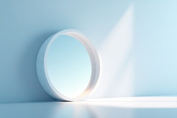 Poster - serene room with large round mirror reflecting pristine white wall designed for clean composition