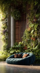 Poster - Cozy round velvet couch with pillows in a lush green indoor garden, low angle, modern design, tranquil scene