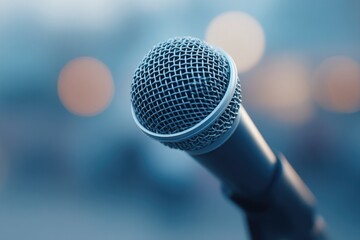 Poster - celebrate joy of karaoke with focused microphone in foreground while blurred figures in background suggest lively social
