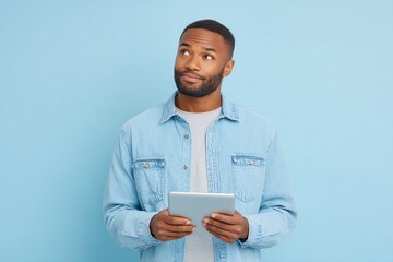 Poster - confident person standing against plain background holding tablet as they thoughtfully plan out project