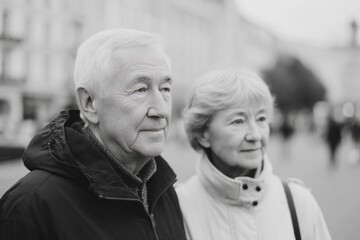 Poster - elderly individuals walking in urban setting with blurred cityscape as backdrop