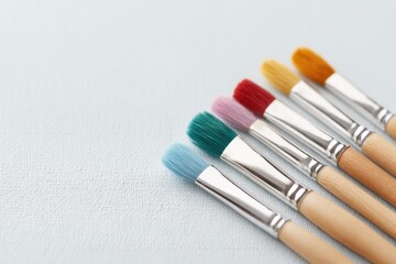Poster - minimalistic arrangement of art tools and paints on clean white canvas with ample copy space
