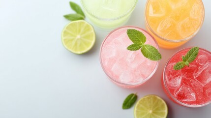 Poster - minimalistic arrangement of colorful drinks isolated on white background for stock photo