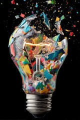 Poster - Exploding Lightbulb Filled with Colorful Paint Close Up Studio Shot on Black Background Creative Concept