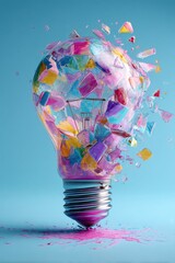 Poster - Exploding Lightbulb Conceptual Idea Colorful Fragments on Blue Background Studio Shot Innovation Creativity