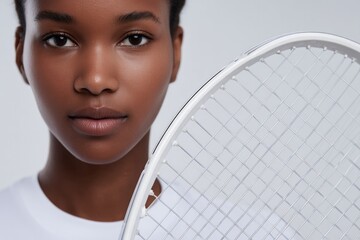 Poster - minimalistic portrait of tennis player holding racquet against plain background
