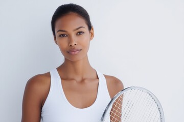 Poster - minimalistic portrait of tennis player holding racquet against plain background