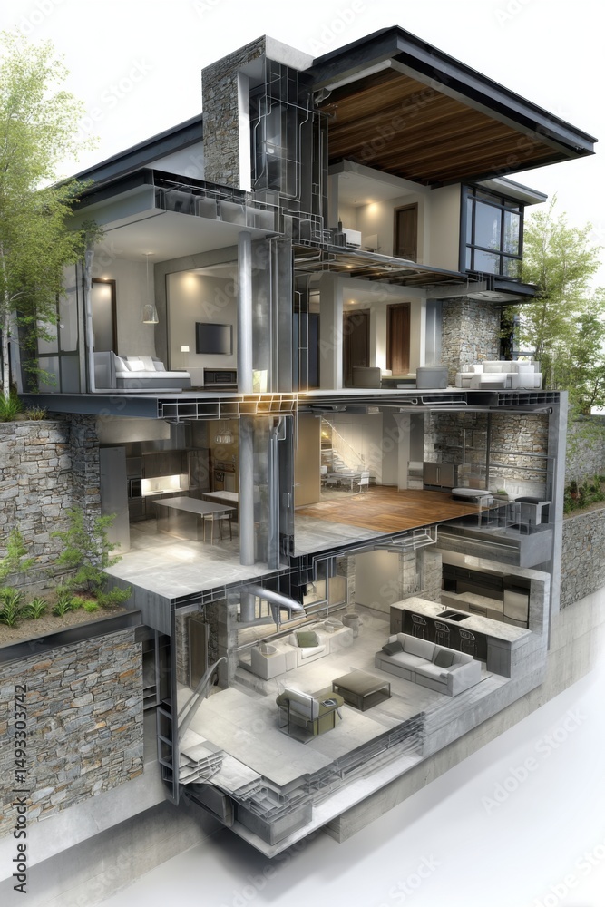Architectural Cutaway Rendering of Modern House Design with Multiple ...
