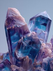 Poster - Close-up of Large Blue and Purple Crystal Cluster Formation Against Light Blue Background, Mineral Specimen, Geological Gemstone, Abstract