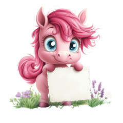 Aufkleber - Charming Pony Illustration Holding a Blank Sign in a Whimsical Meadow Setting