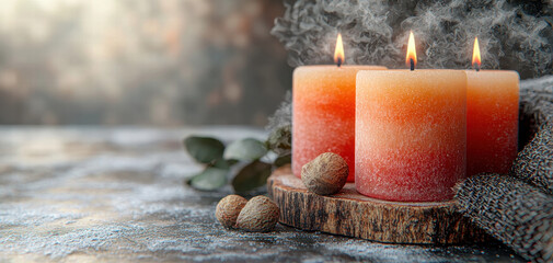 Aufkleber - Three lit candles with gradient of orange hues, surrounded by natural elements like nuts and greenery, creating warm atmosphere