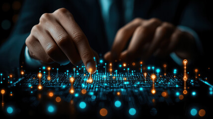Poster - Hands interacting with digital interface, showcasing network of glowing data points and connections. image conveys sense of innovation and technology modern business environment