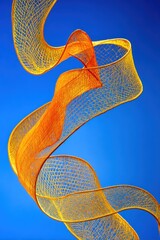 Poster - Abstract golden ribbon flowing against a bright blue sky in a dynamic upward spiral perspective art