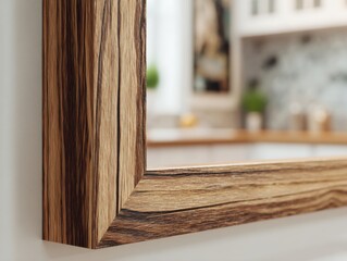 Poster - Close-up of a Wood Framed Mirror Reflecting a Bright Kitchen Interior with Wooden Countertops and White Cabinets