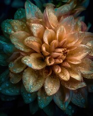 Poster - Close-up of a dahlia flower with water droplets on petals, studio shot, macro photography, dramatic lighting, dark background
