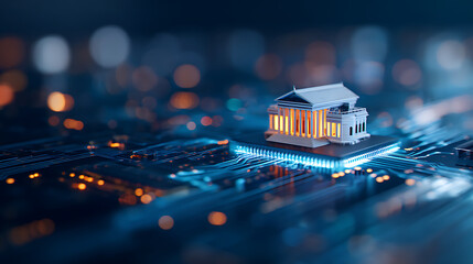 Aufkleber - A glowing blue digital representation of a classical building on a futuristic circuit board background, symbolizing innovation. Generative AI 12997849 2