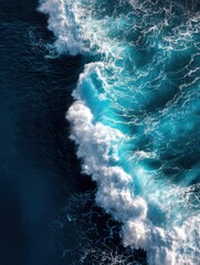 Poster - Aerial view of ocean waves crashing with white foam and turquoise water in a dramatic seascape natural beauty