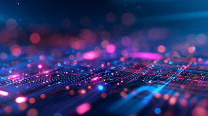 Fototapete - An intricate network of glowing digital circuits, displayed with vibrant blue and pink lights against a dark background, evoking a futuristic technology concept. Generative AI 67830784 4