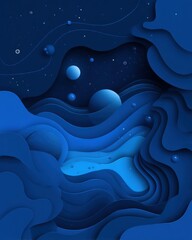 Leinwandbilder - Abstract blue papercut landscape with planets and stars digital art illustration modern design