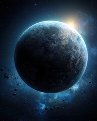 Poster - Exoplanet rising with asteroid field in deep space digital art close up view with sun flare and cosmic dust