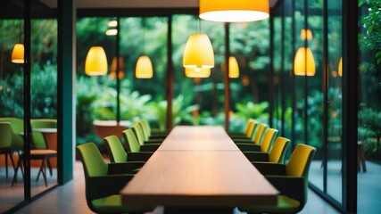 Poster - A vibrant coworking zone showcasing ergonomic long tables, framed by greenery. This modern space supports collaboration and boosts productivity in an energetic environment.