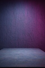 Poster - Empty purple product display table against textured wall backdrop studio shot for product placement or presentation