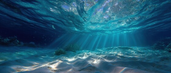 Poster - Underwater Scene with Sun Rays Filtering Through Water Surface in Tropical Ocean Paradise View from Below