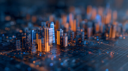Aufkleber - Abstract digital cityscape with skyscraper-like structures in blue and orange hues on a grid background, concept of data analysis. Generative AI 12665042 4