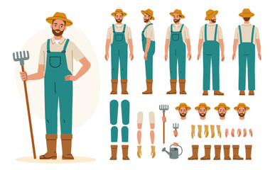 Wall Mural - farmer or gardener worker wearing overall uniform holding work tool. character for animation. front,