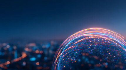 Poster - A glowing digital globe with blue energy trails on a cityscape background, symbolizing technology concept. Generative AI 40754479 4