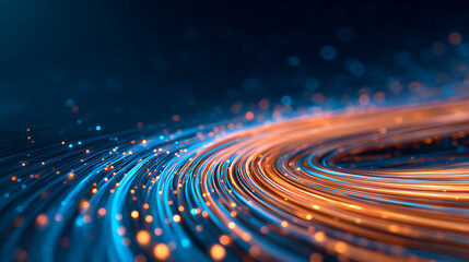 Poster - A dynamic swirl of glowing blue light trails with orange accents on a dark background, concept of digital motion. Generative AI 52072455 2