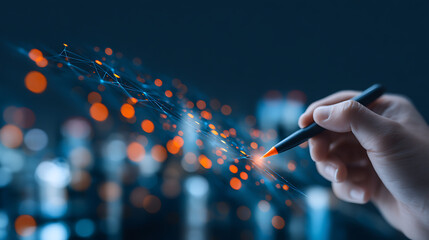 Aufkleber - Hand with stylus on a digital screen, bokeh lights and network connections, blue-orange background, concept of digital art. Generative AI 60923378 1